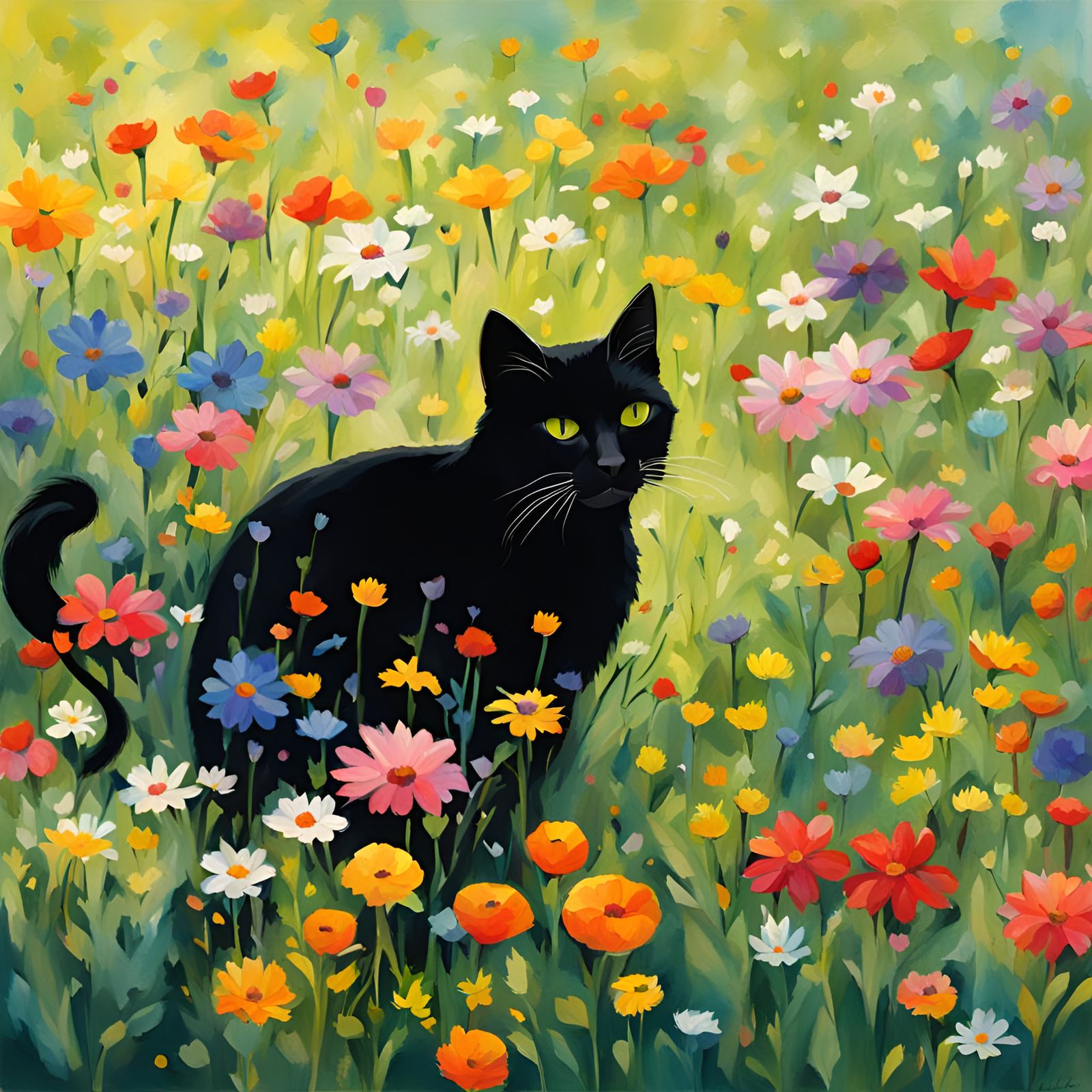Black Cat in a Flower Meadow: Simple Bright Painting