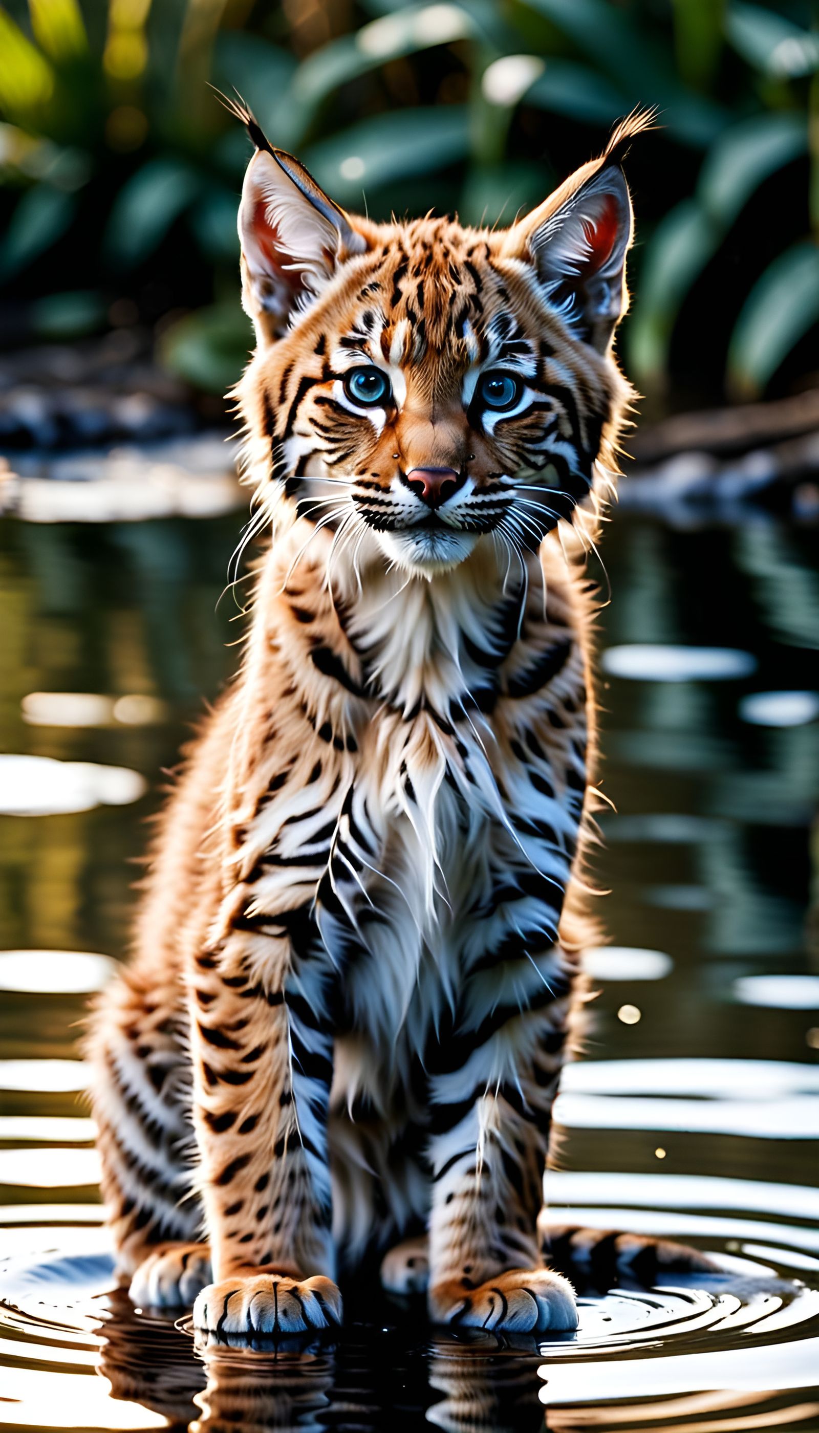 Lynx Kitten Tiger Reflection: Hyperrealistic Photography