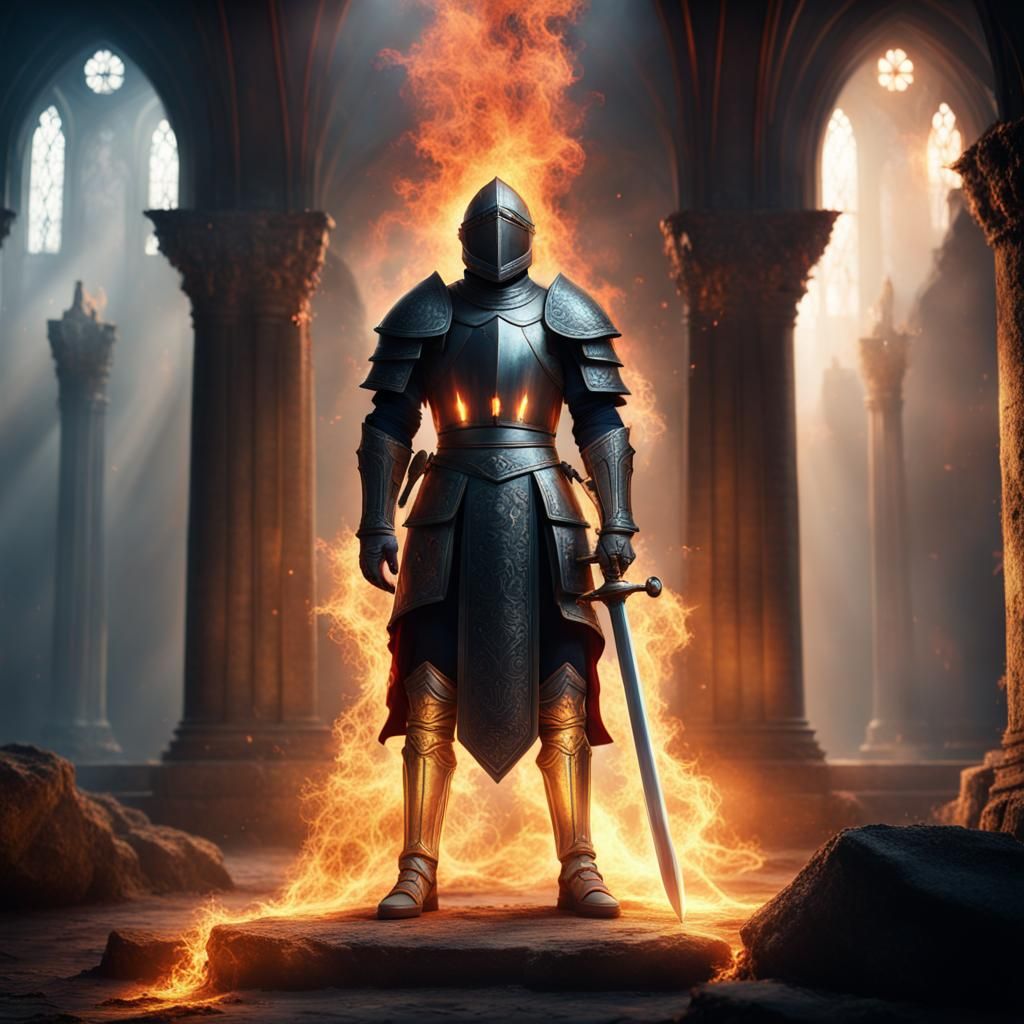 Knight Praying with Flaming Sword in Radiant Light
