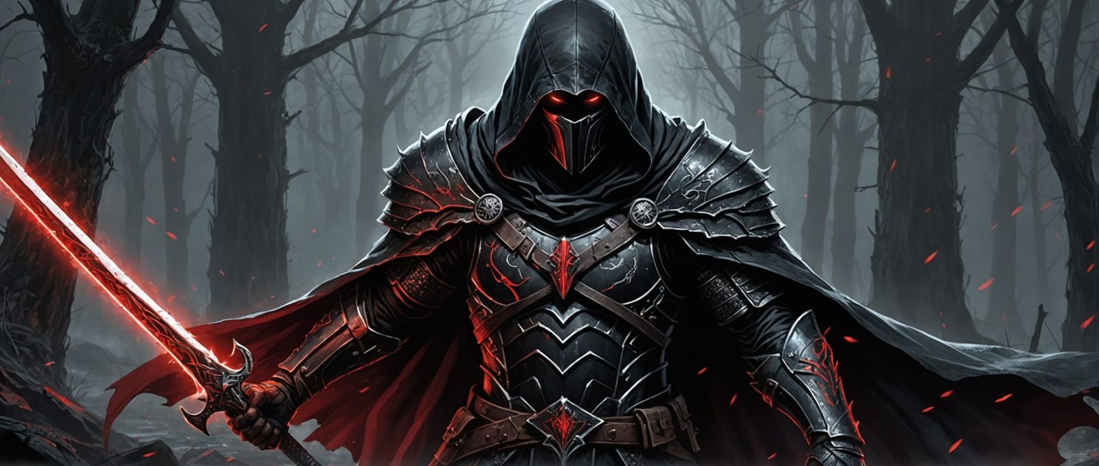 Hooded Warrior in Black Armor with Glowing Sword