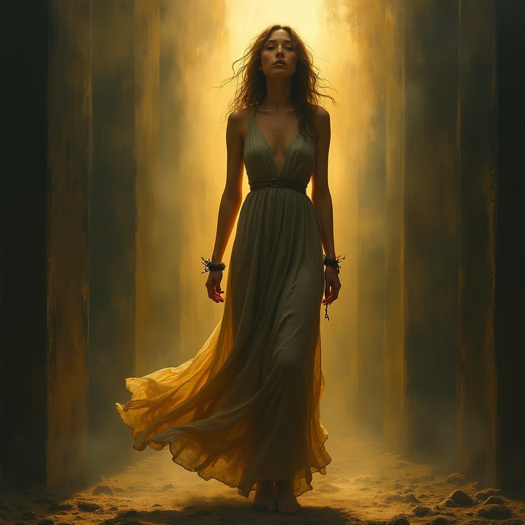 A Woman Emerging from Shadows, Surrounded by Golden Light