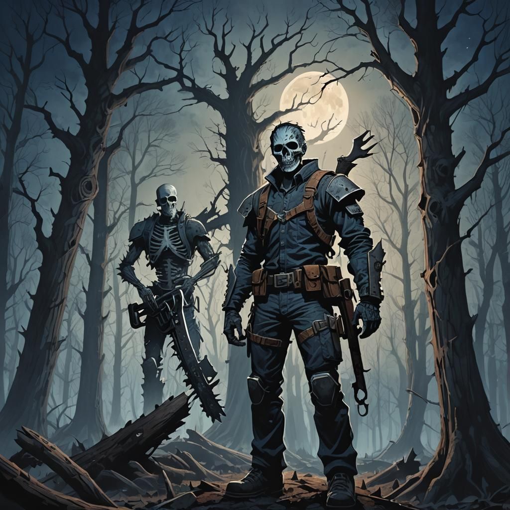 Ominous Figure with Chainsaw in Dark Fantasy Forest