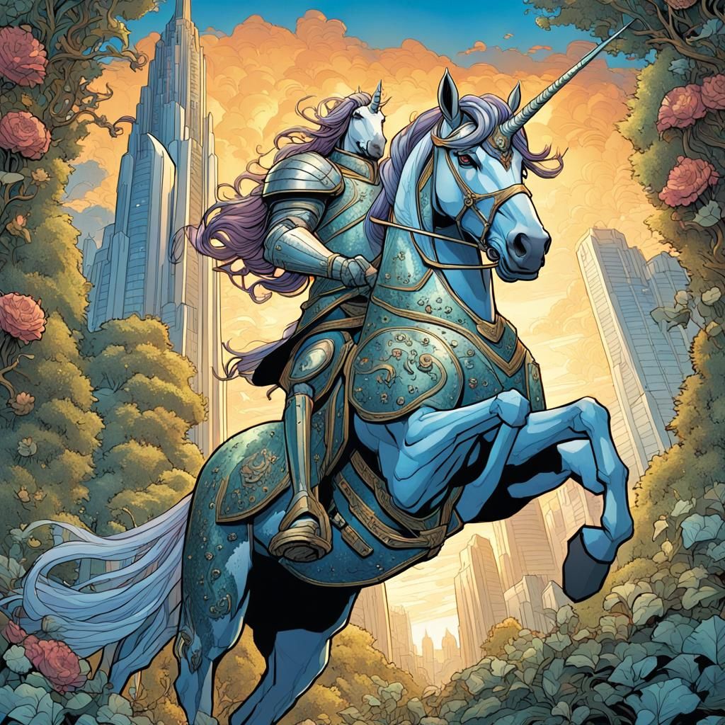 Armored Unicorn Galloping Through Art Nouveau Forest