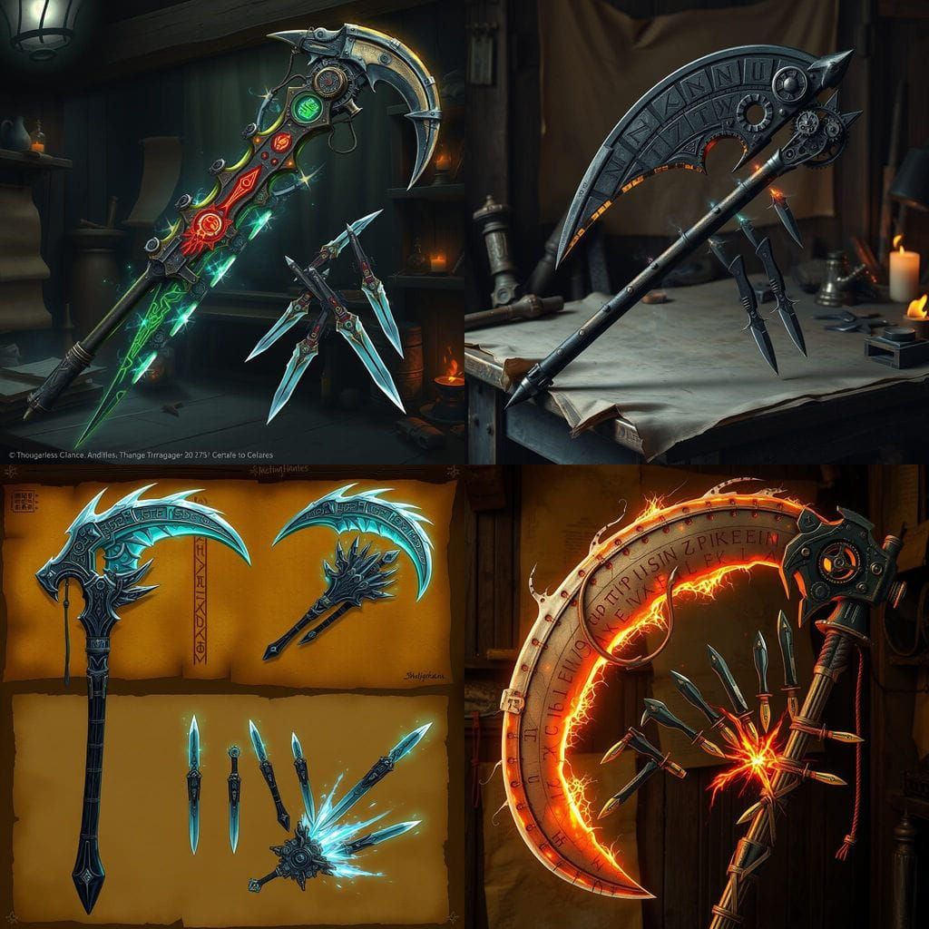 Fantasy Scythe Concept Art with Throwing Knife Mechanism