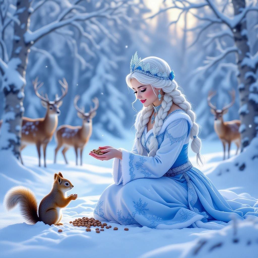 Enchanting Snow Maiden Feeds Squirrel in Winter Forest