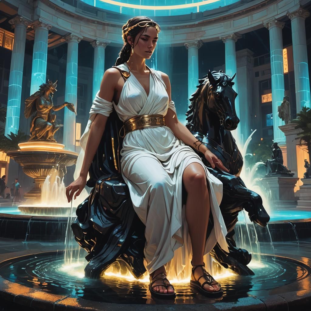 Goddess in Cyberpunk Cityscape with Pegasus Statue