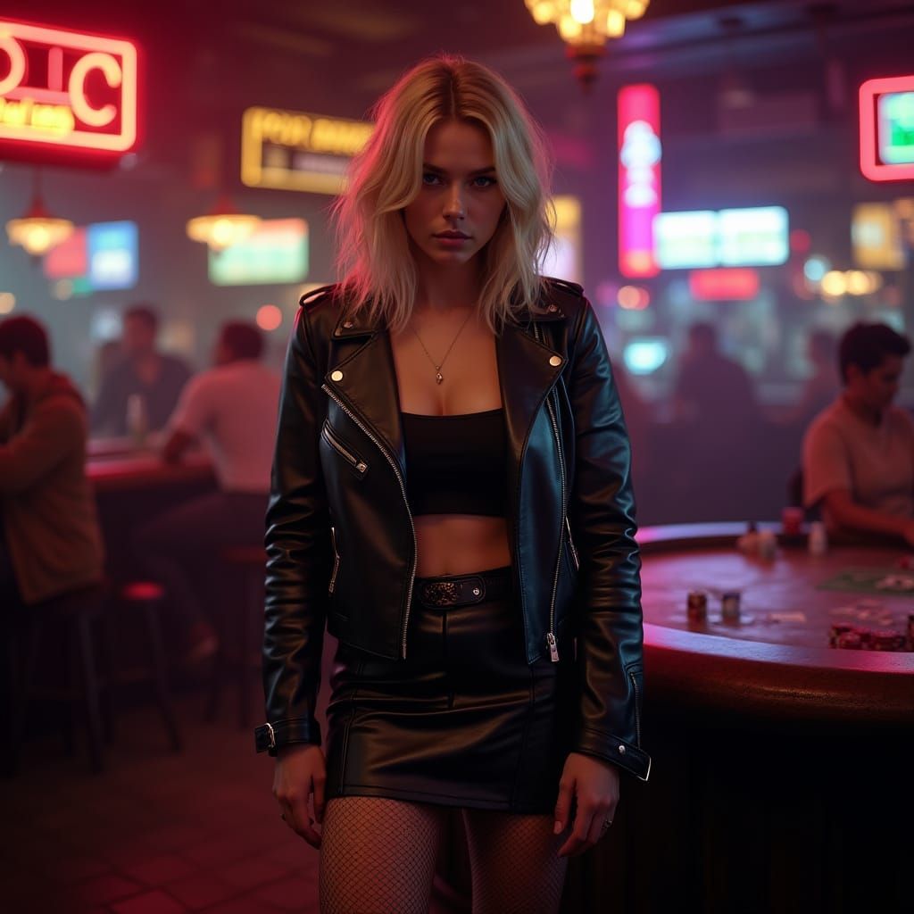 Hyperrealistic Photo of Woman in Motorcycle Jacket at Bar