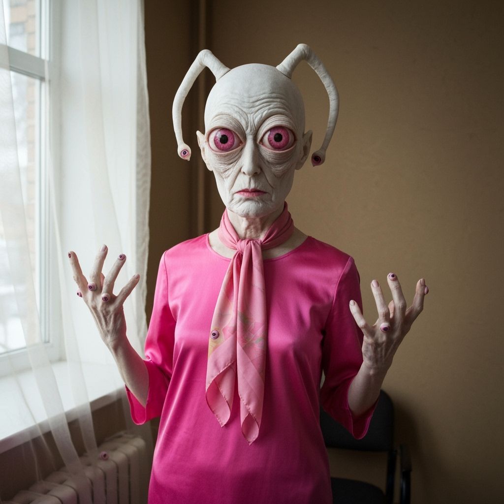 Surreal Faceless Figure in Pink Silk Dress