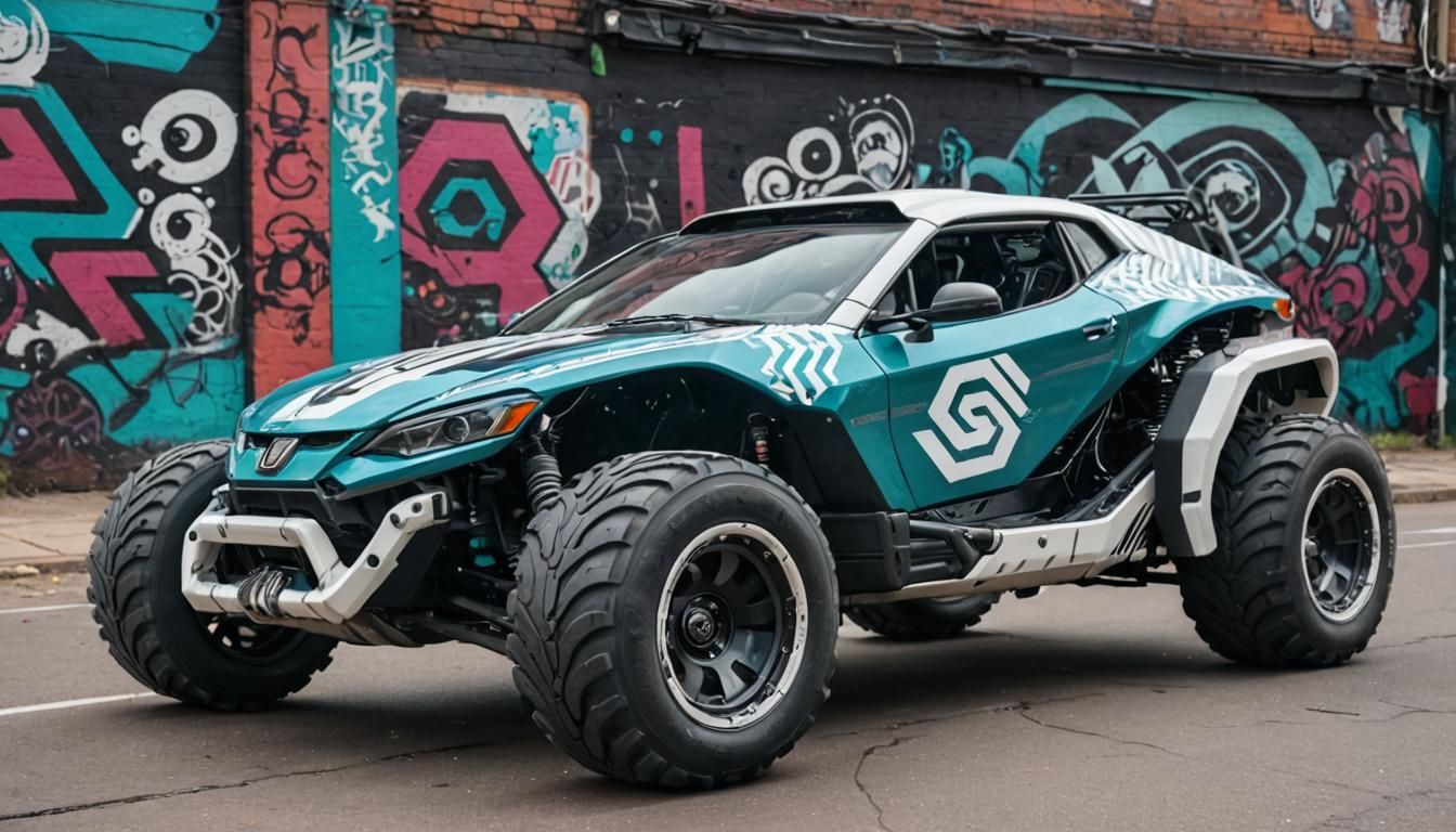 Cyberpunk Muscle-Buggy with Murals and Tech Details
