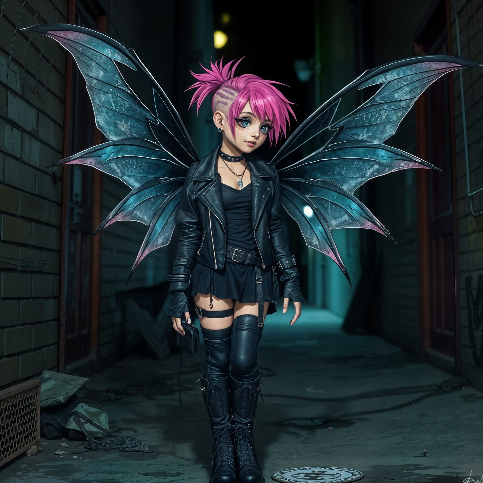 Punk Fairy with Wings in Alleyway