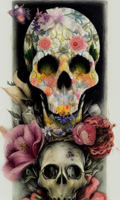 Anthro Flower Skull Cross-Section in Mixed Media