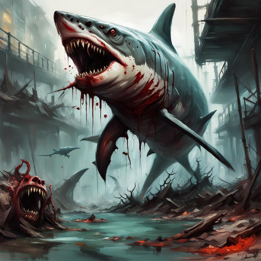 Rotting Zombie Shark with Legs: Sinister Concept Art