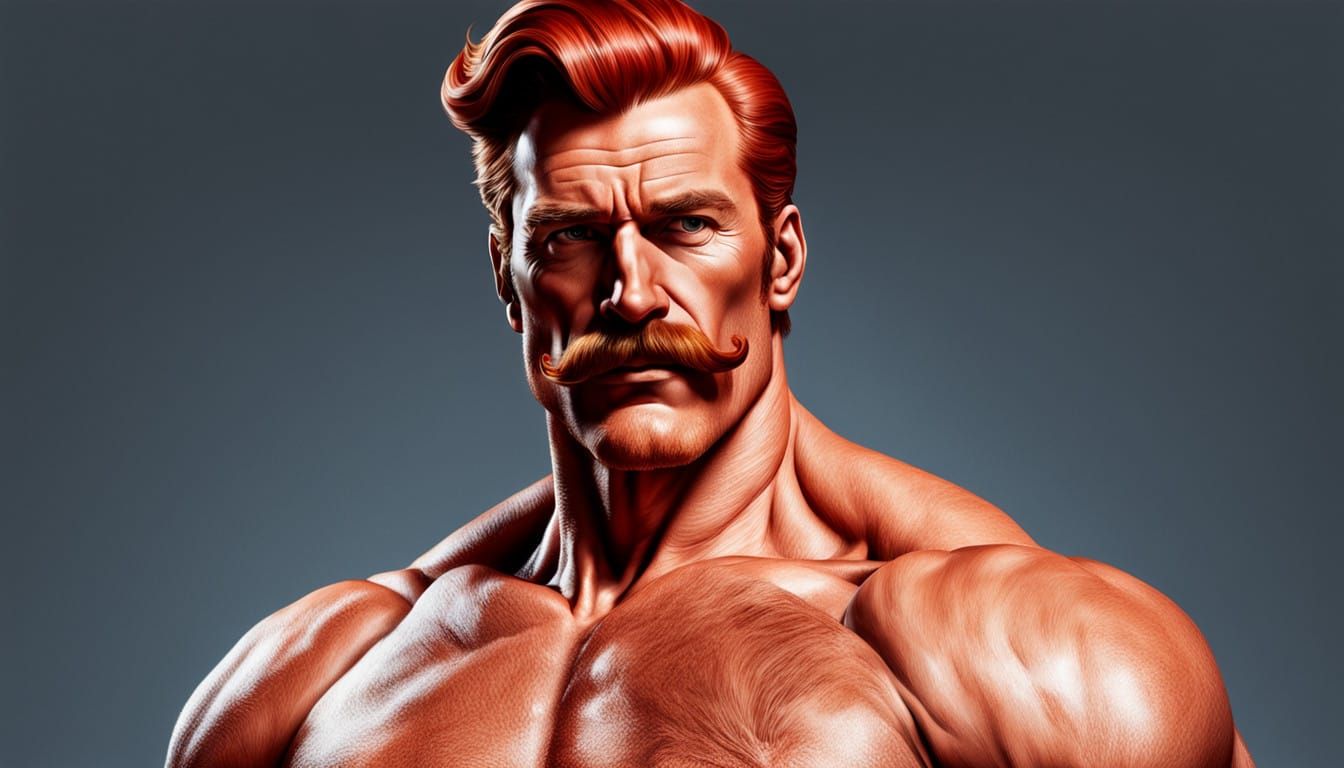 Hyperrealistic Masculine Figure with Red Hair and Mustache