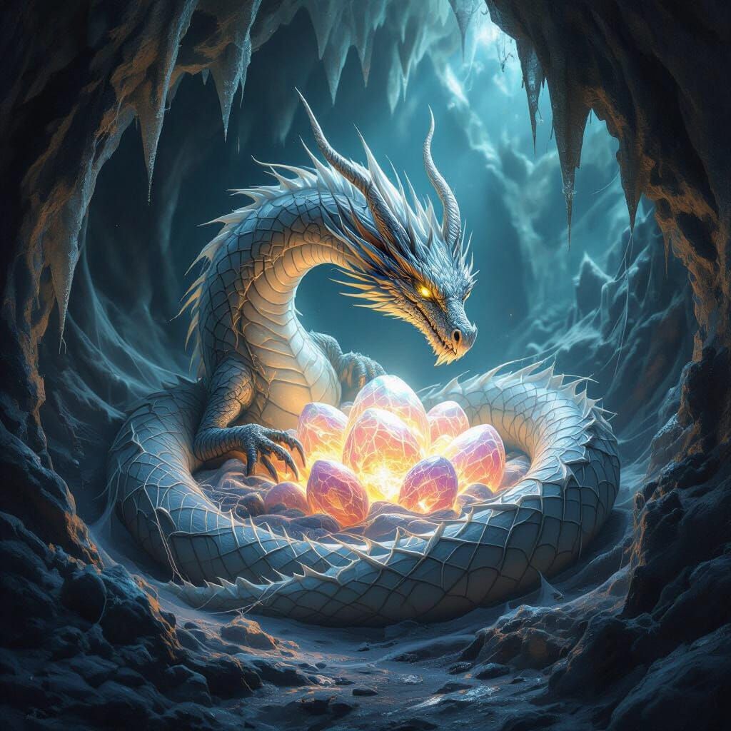 Dragon Made of Spider Silk Guards Glowing Crystal Eggs