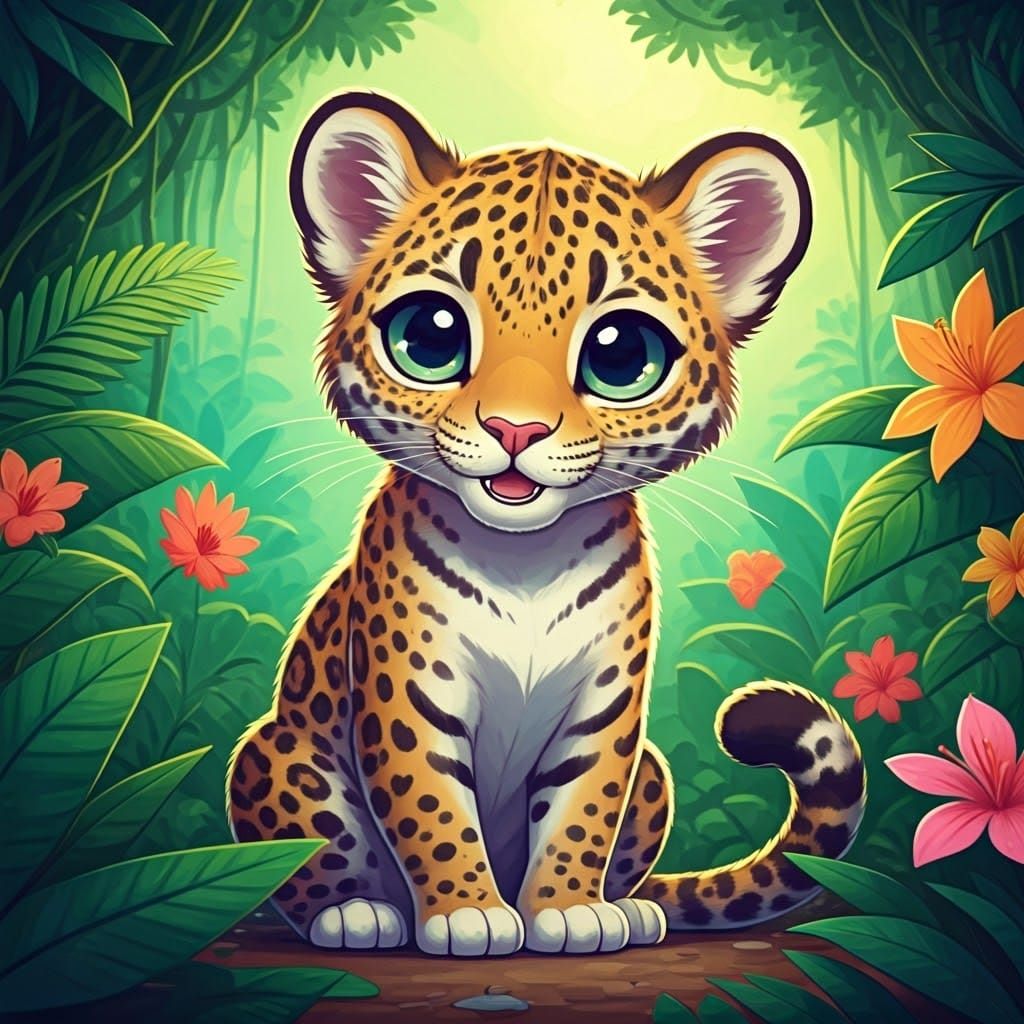 Chibi Jaguar in Vibrant Jungle Setting