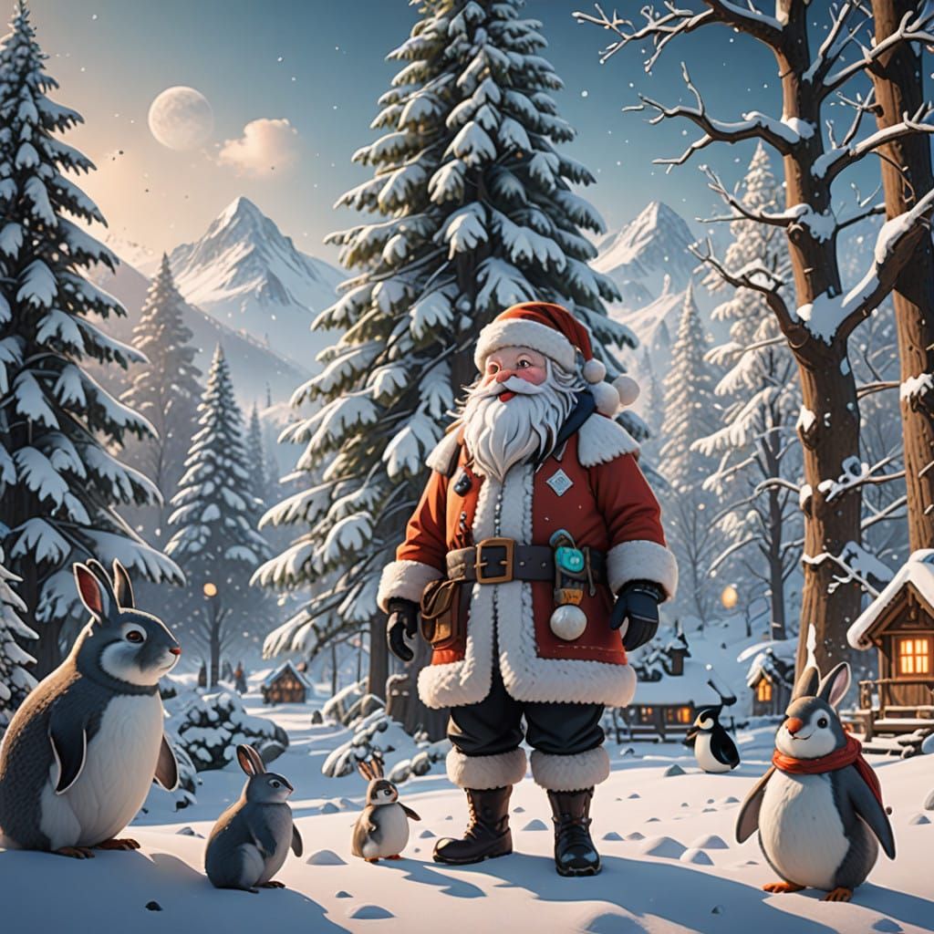 Jolly Santa Claus Surrounded by Adorable Animals in a Whimsi...
