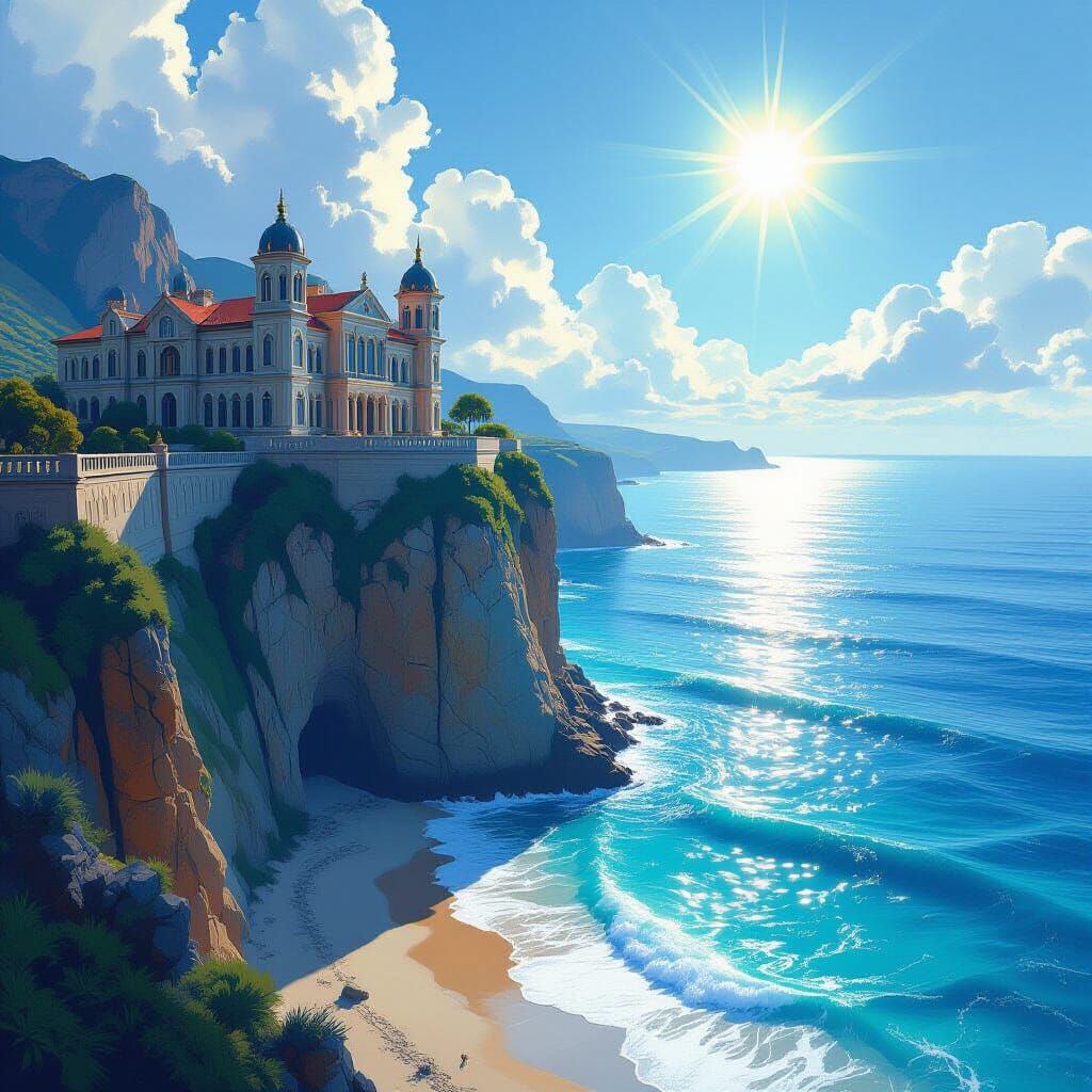 Majestic Cliffside Palace Overlooking Azure Sea