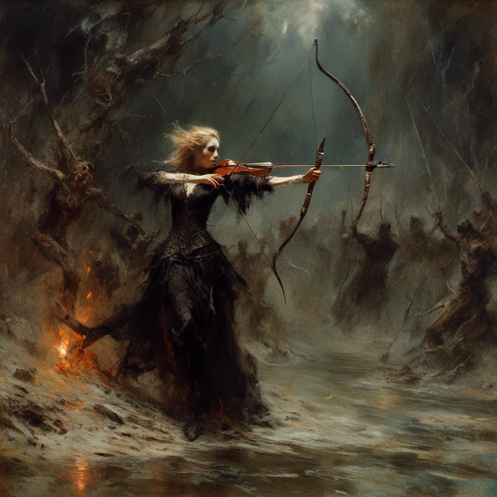 Hecate Shoots a Bow: Macabre Oil Painting