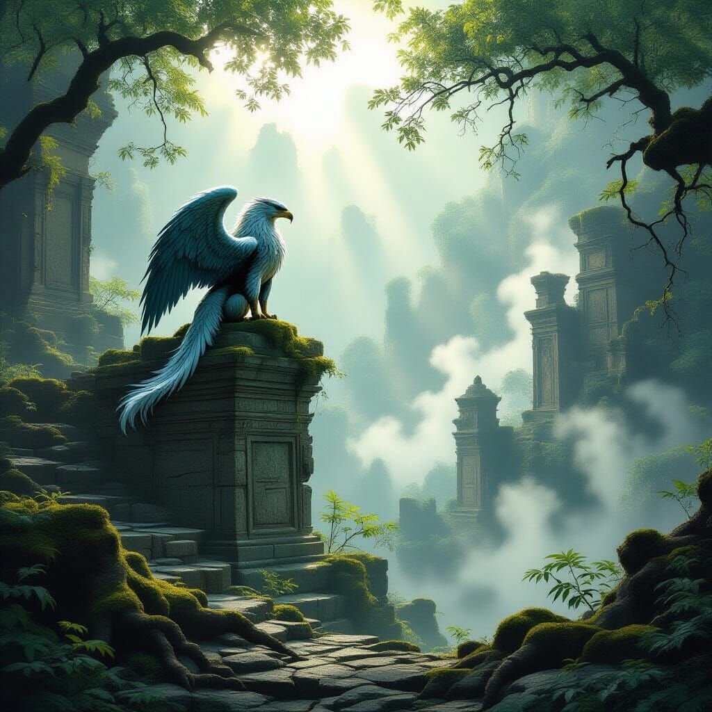 Majestic Griffin Overlooks Misty Forest Ruins