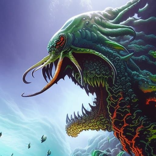 Cthulhu Monster Swallowing Diver: Hyperrealistic Concept Art