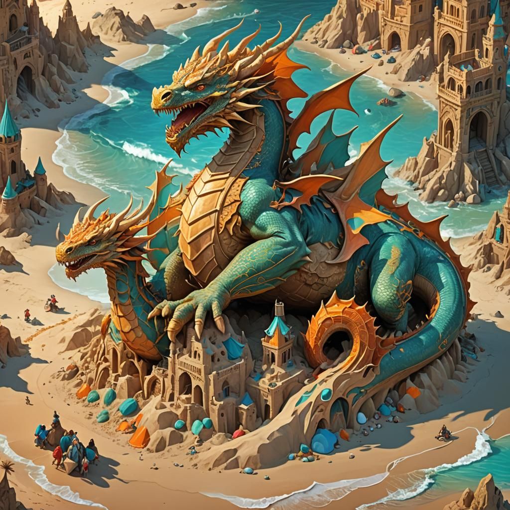 Majestic Sandcastle Dragon with Elves, Fantasy Art