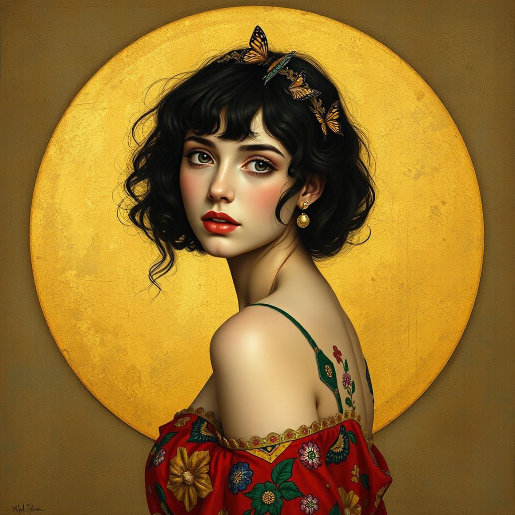 Stunning Woman in Gustav Klimt Style Portrait