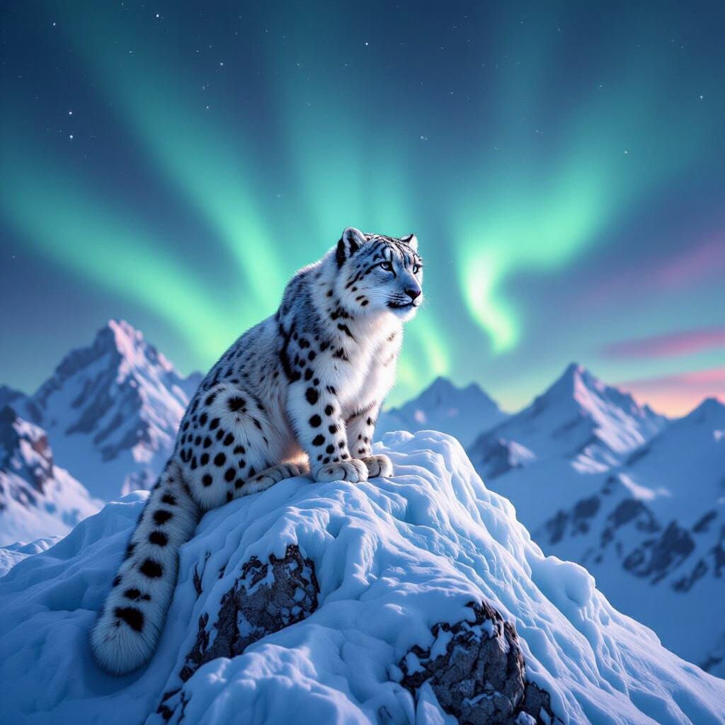 Snow Leopard Under Aurora Borealis: Hyperrealistic Wildlife