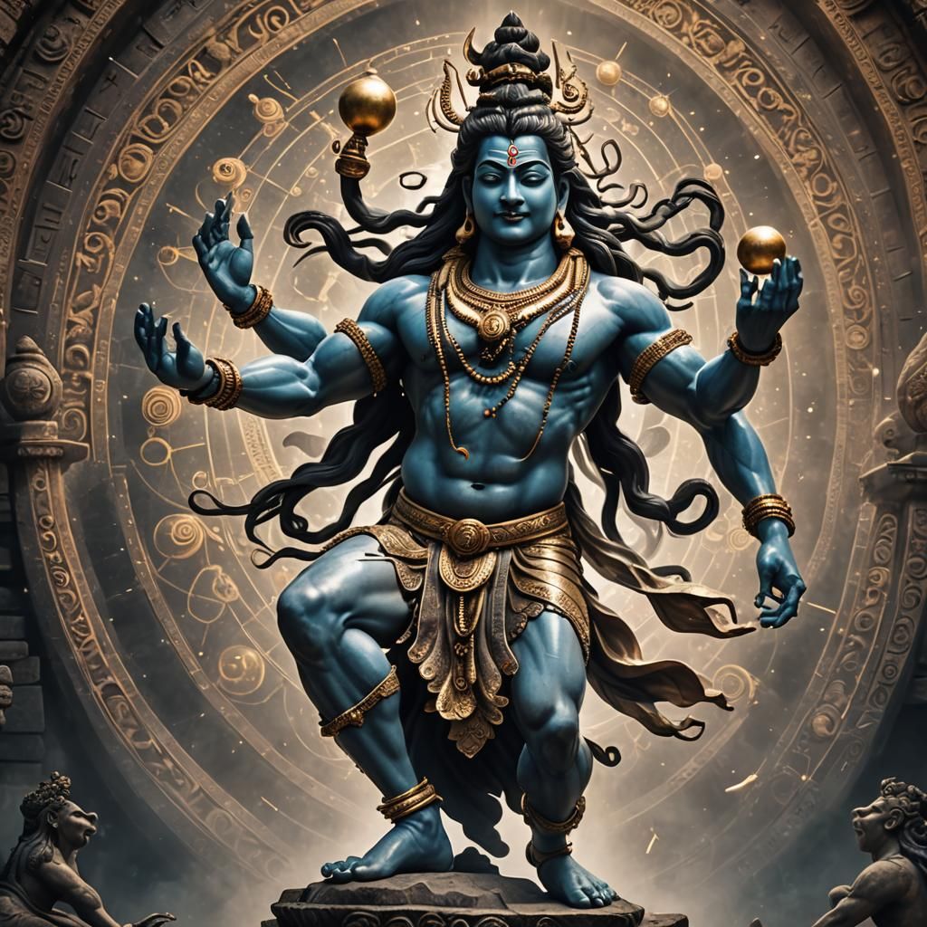 Hyperrealistic Shiva Juggling Atomic Particles