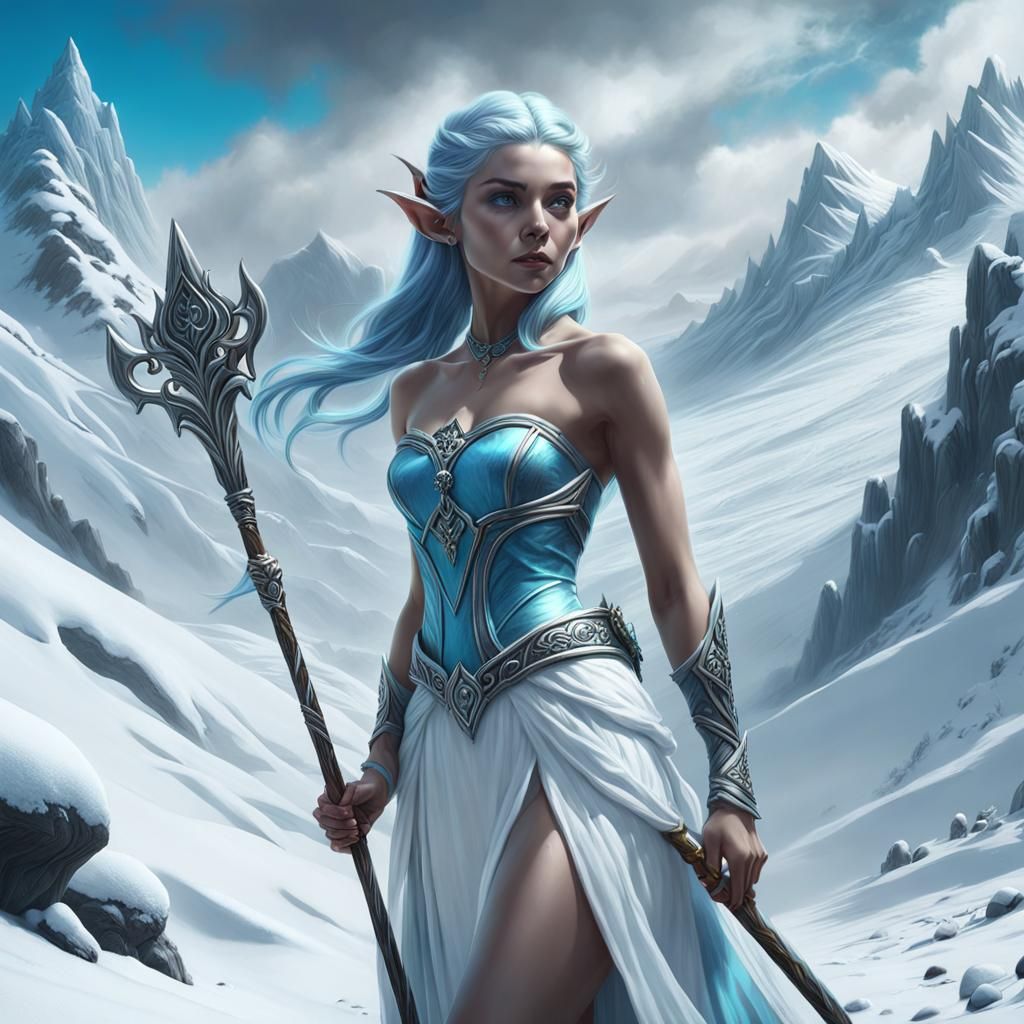 Snow Elf Sorceress in Overcast Mountain Landscape