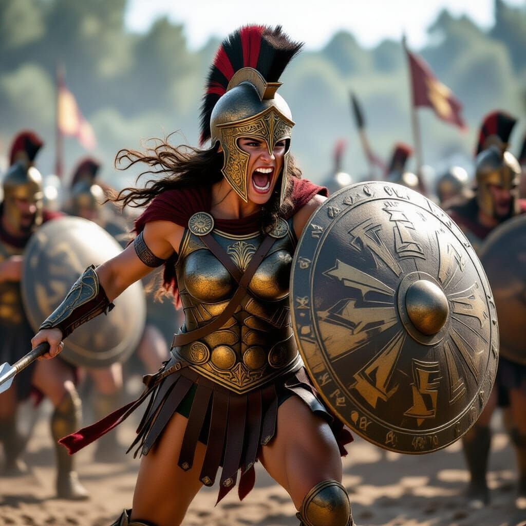 Fierce Spartan Warrior Woman Charges into Battle