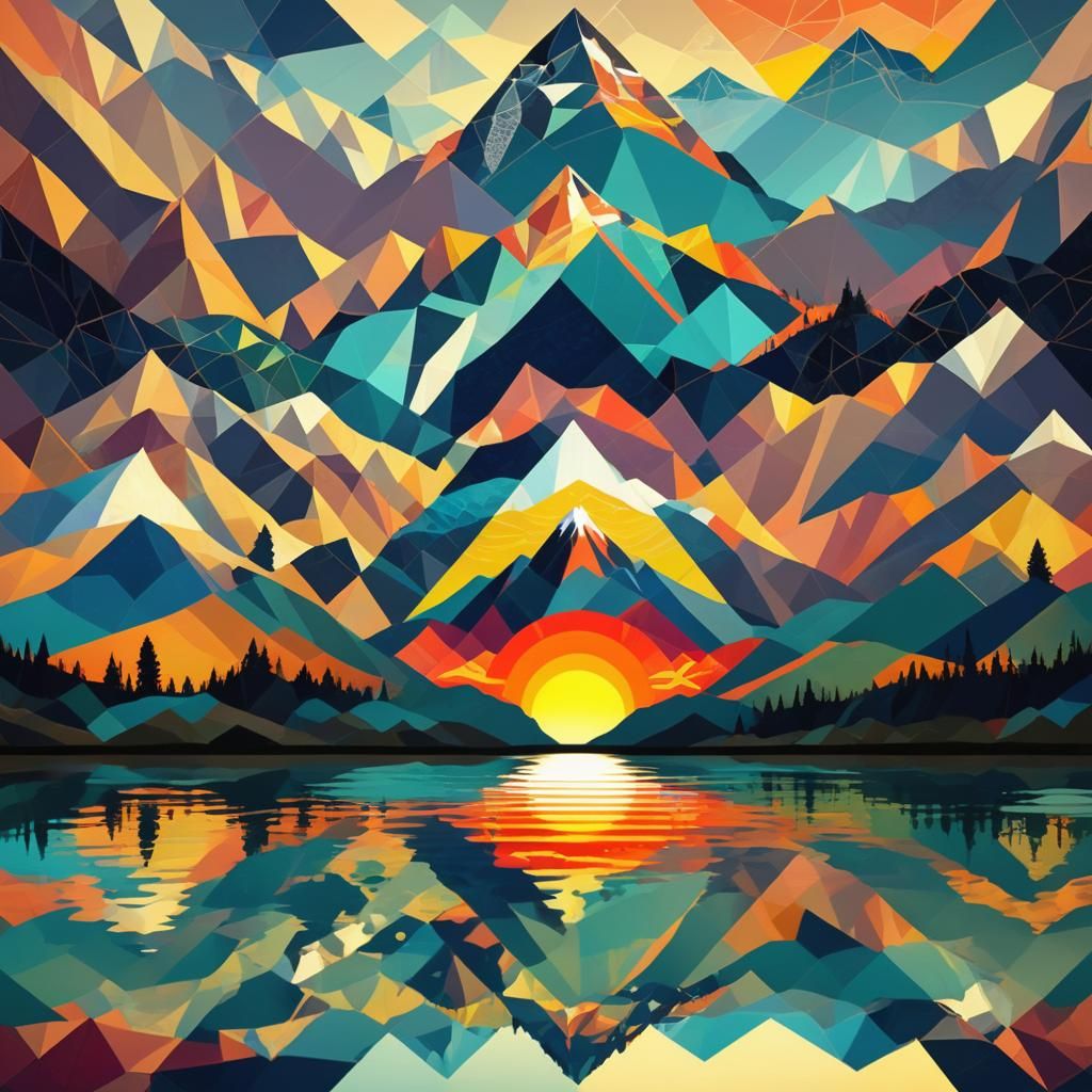 Geometric Sunrise Over Mountain Lake