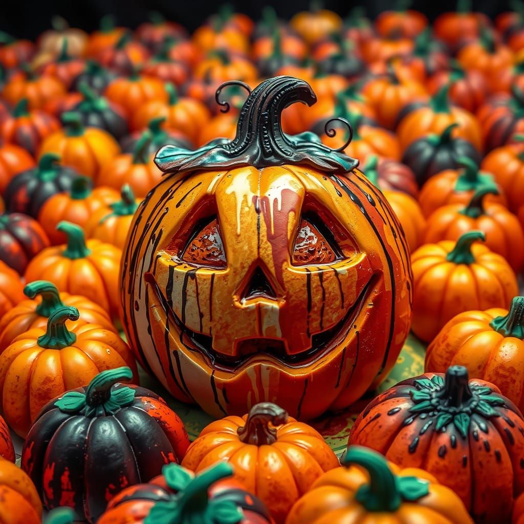 Jack-o-Lantern Cake in Sea of Pumpkins
