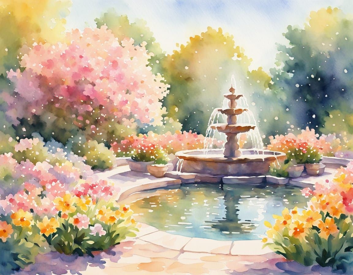 Impressionist Garden Fountain in Watercolor Style