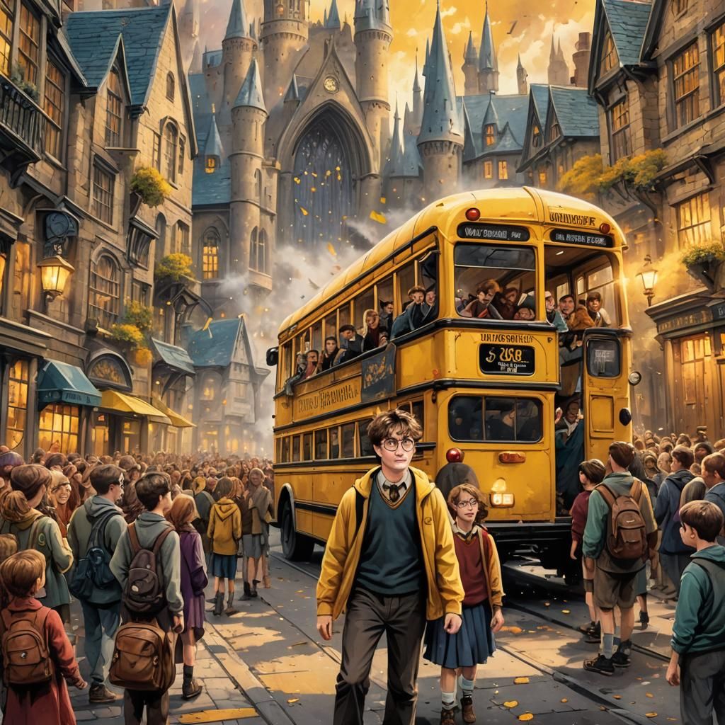 Harry Potter on School Bus: Ink and Watercolor