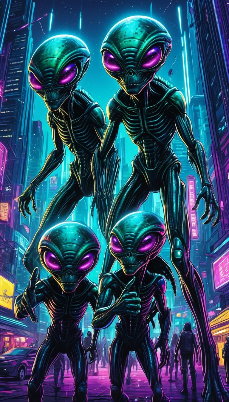 Aliens Take Selfie in Futuristic City, Comic Book Art