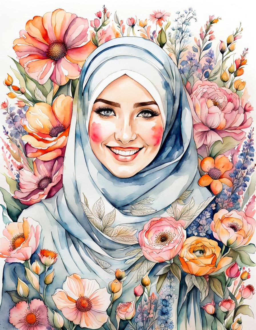 Watercolor Portrait of Smiling Woman in Hijab