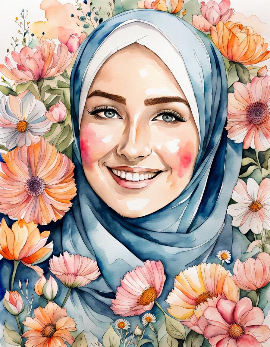 Beautiful Woman in Hijab with Floral Watercolor