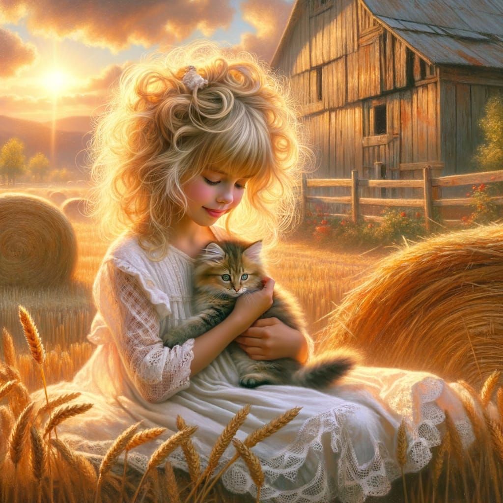 Girl with Kitten: Impressionistic Oil Painting in Sunrise
