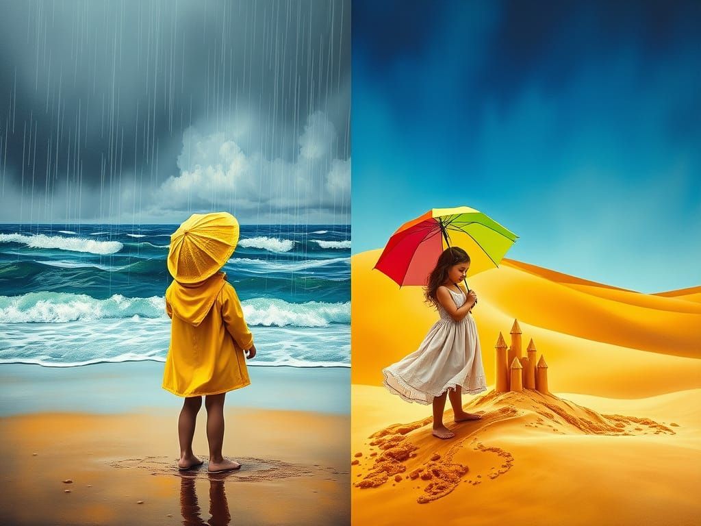 Surreal Beach Scene: Girl in Rain vs Desert Sun