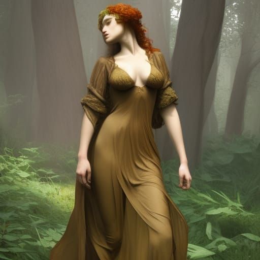 Sensuous woman forest, Pre-Raphialite painting