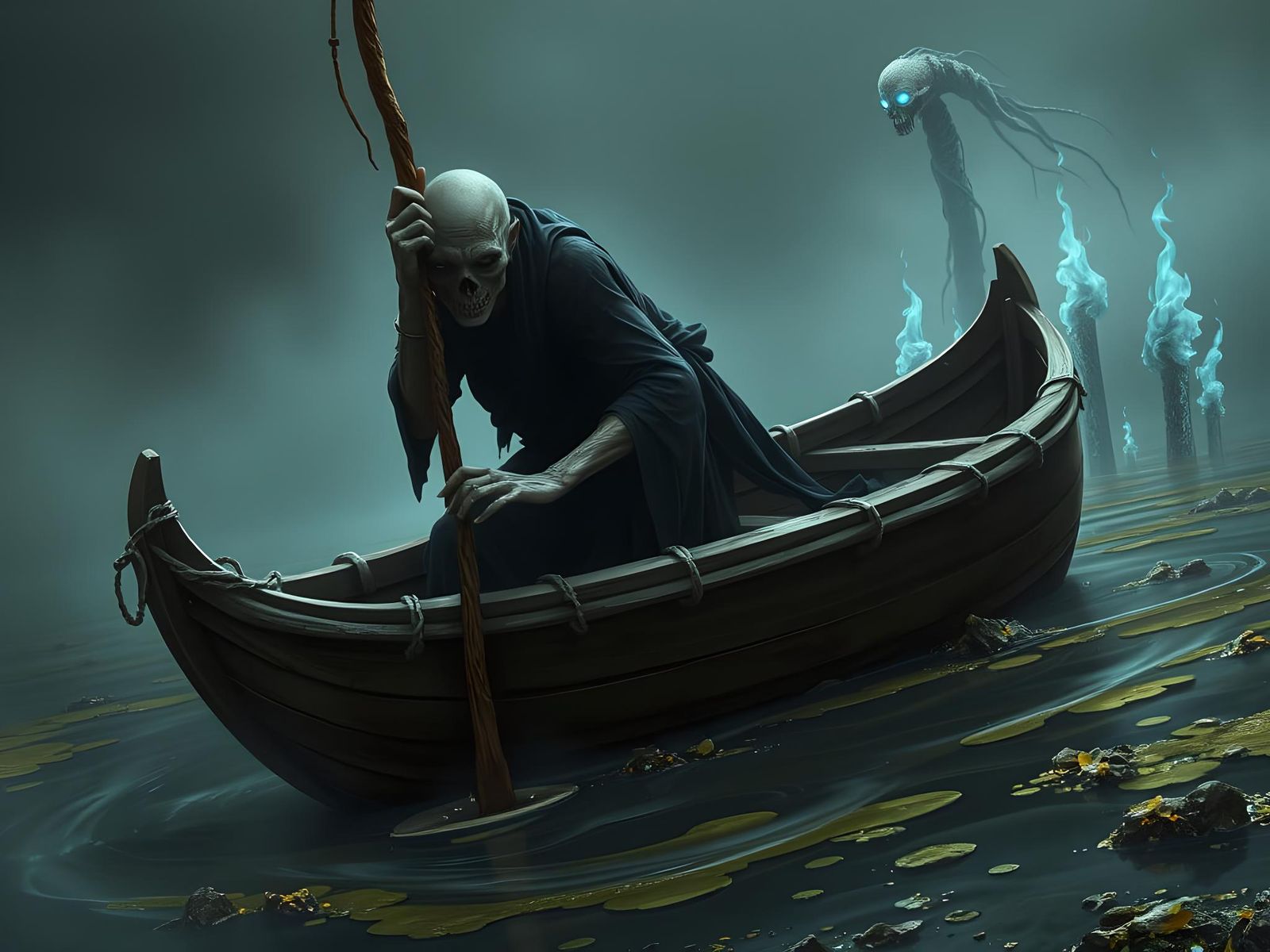 Hyperrealistic Charon Navigating the River Styx