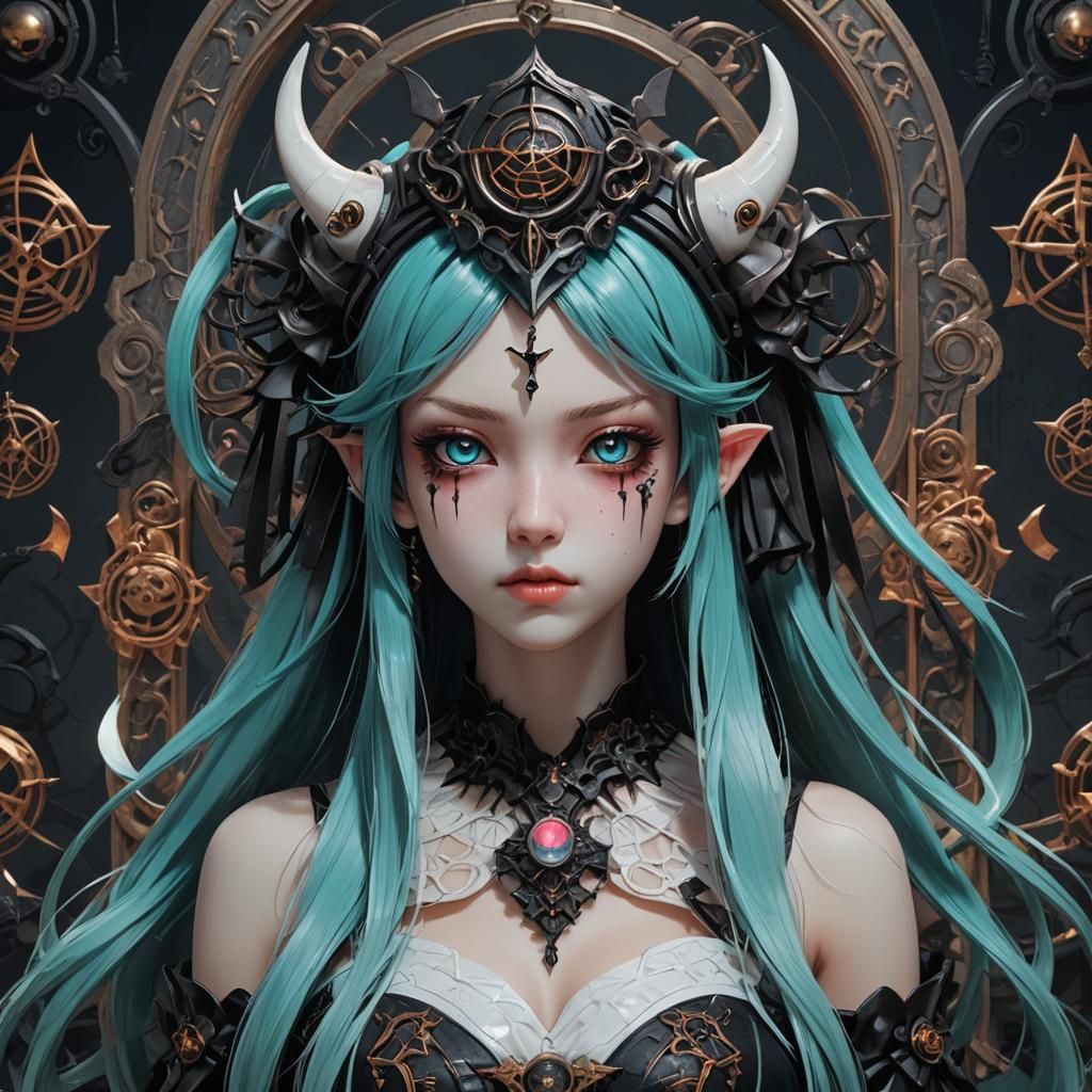 Hyper-Realistic Gothic Fantasy Portrait of a Demonic Hatsune...