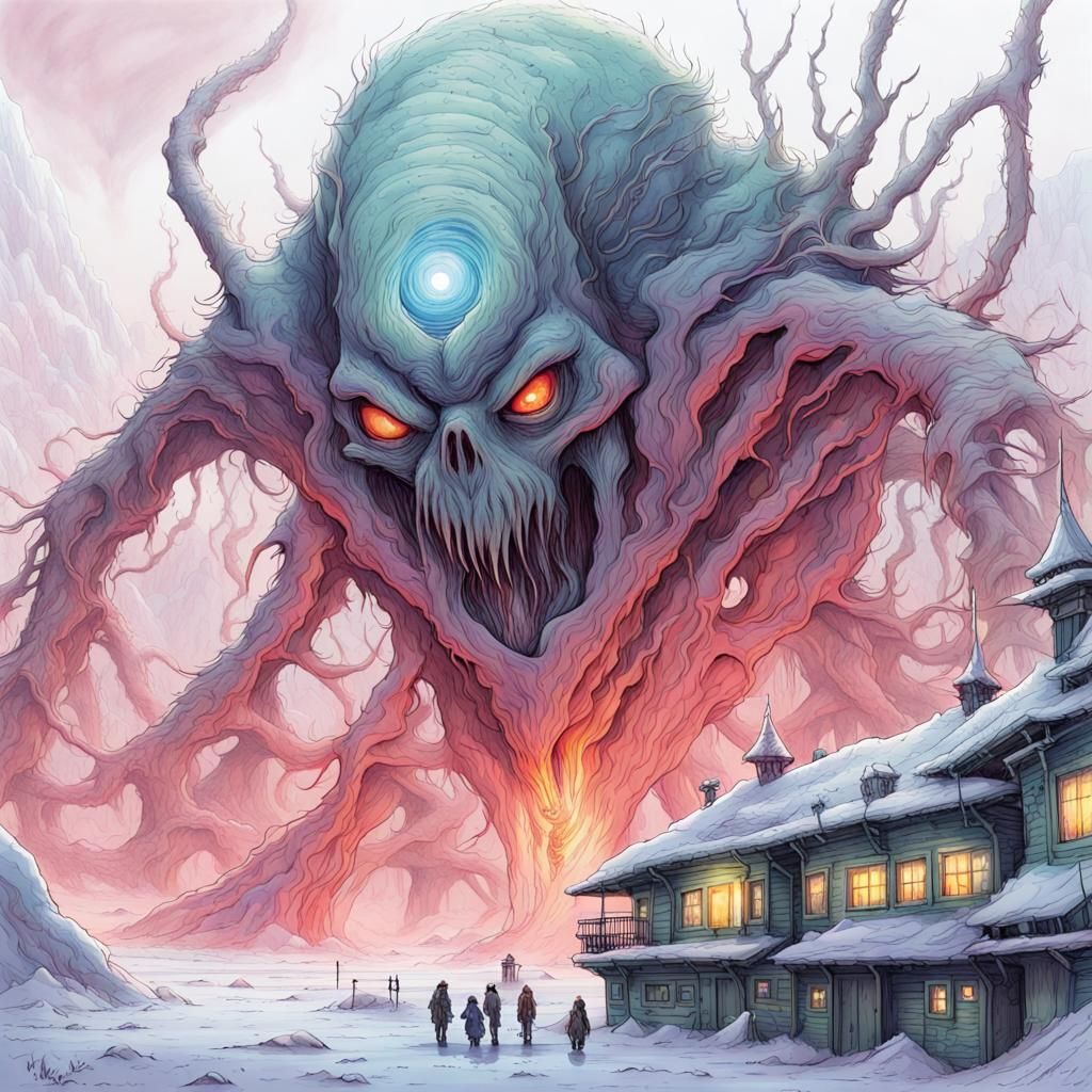 Sci-Fi Horror Monster Thaw: Detailed Pen Drawing