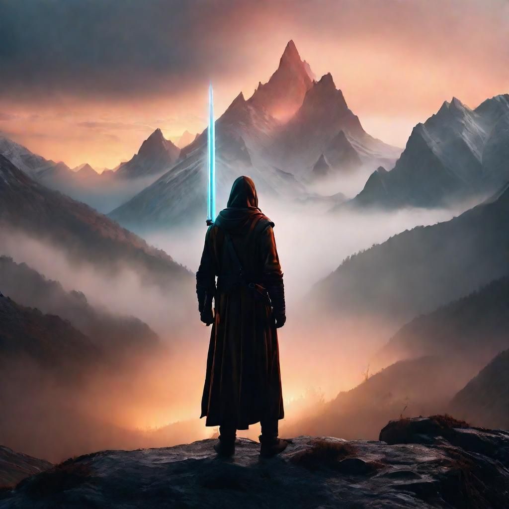 Adventurer in Misty Mountains with Glowing Sword