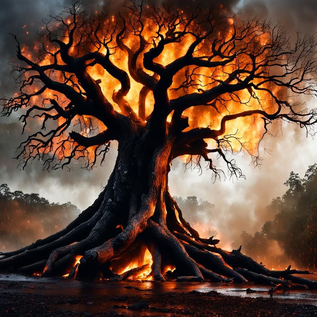 Tree Ablaze During Rainstorm