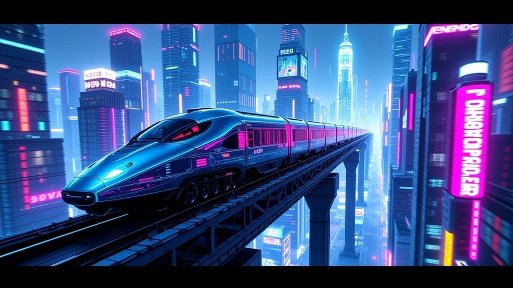 Futuristic Bullet Train Speeds Toward Neon Tokyo