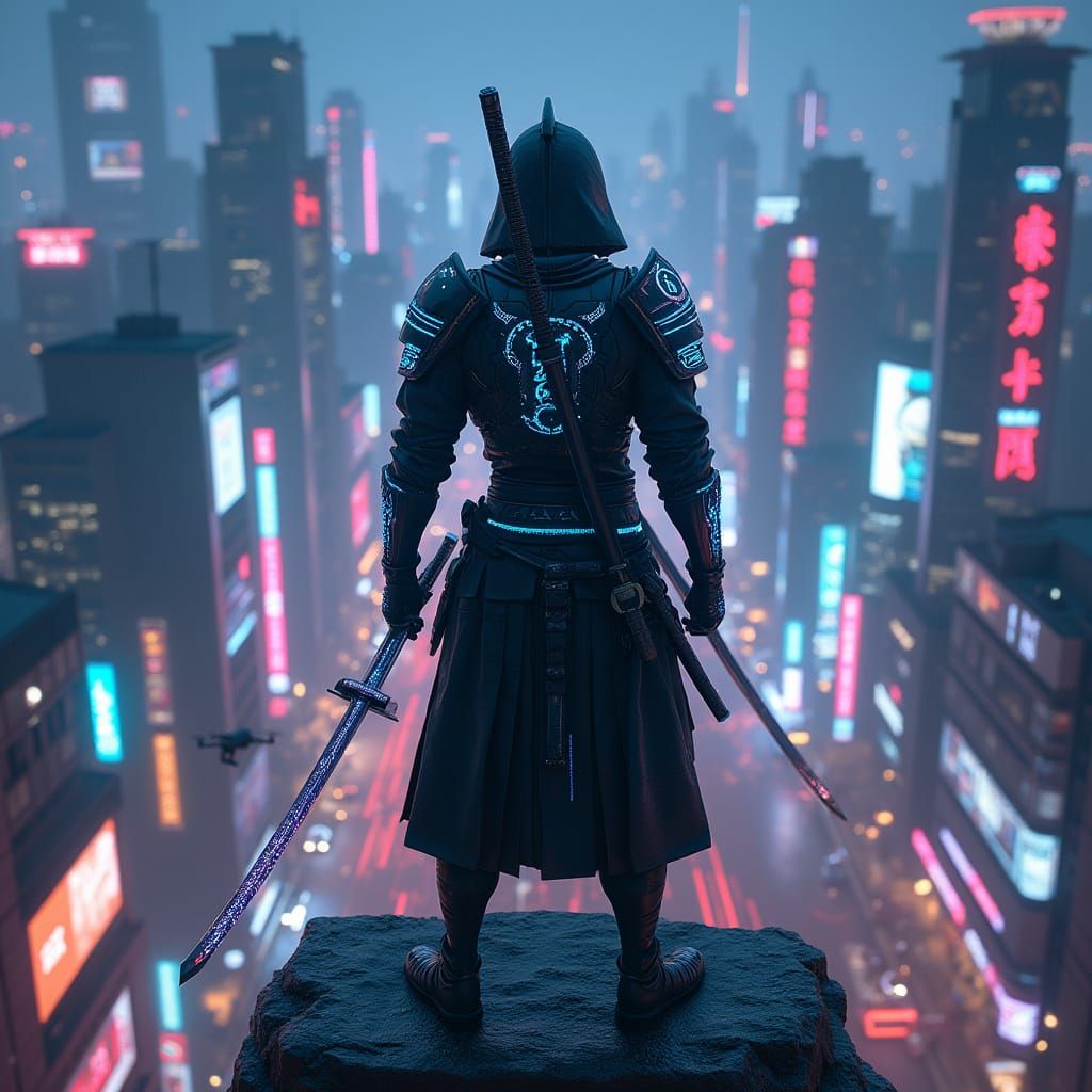 Cyberpunk Samurai Warrior Overlooks Futuristic City