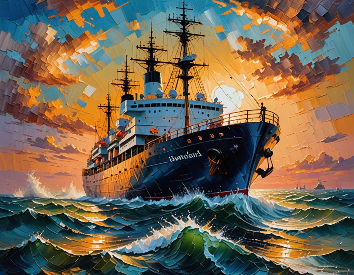 Oversized Ship at Sea as Impasto Painting