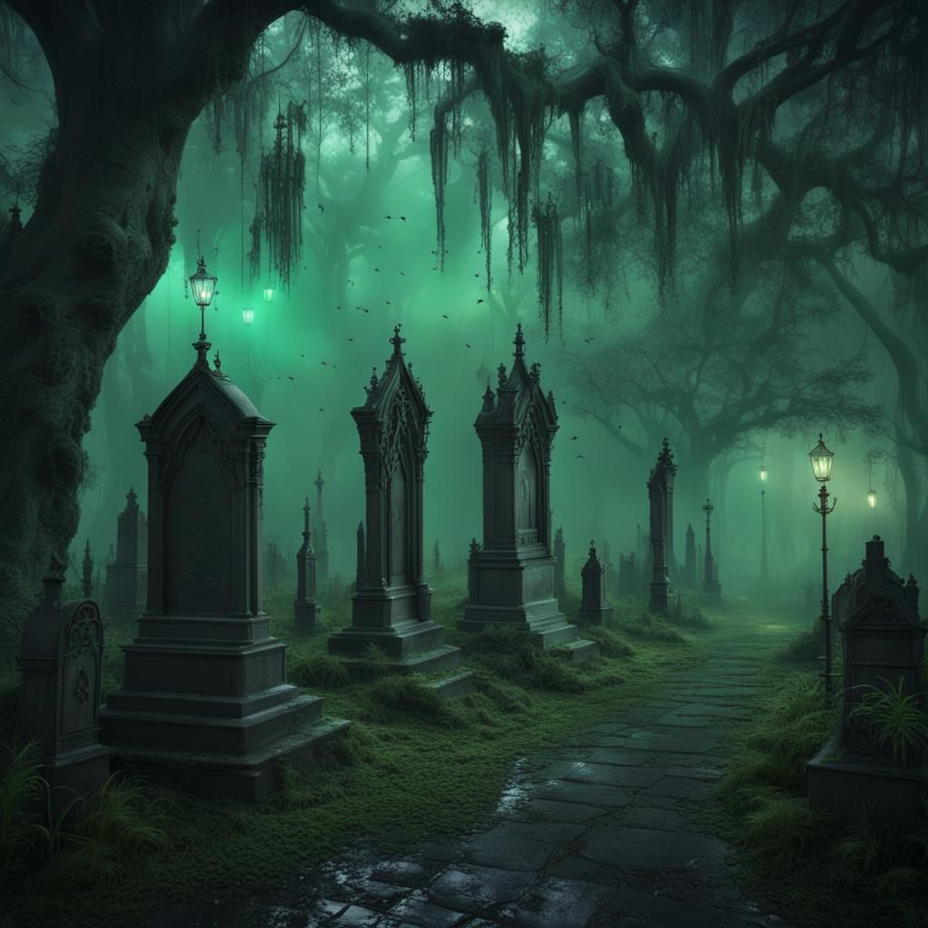Eerie Gothic Victorian Graveyard with Spanish Moss
