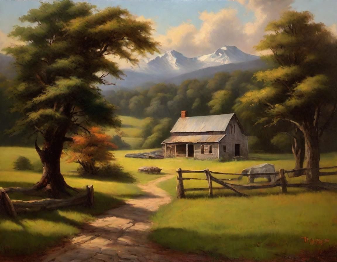 Idyllic New England Farm Landscape Oil Painting